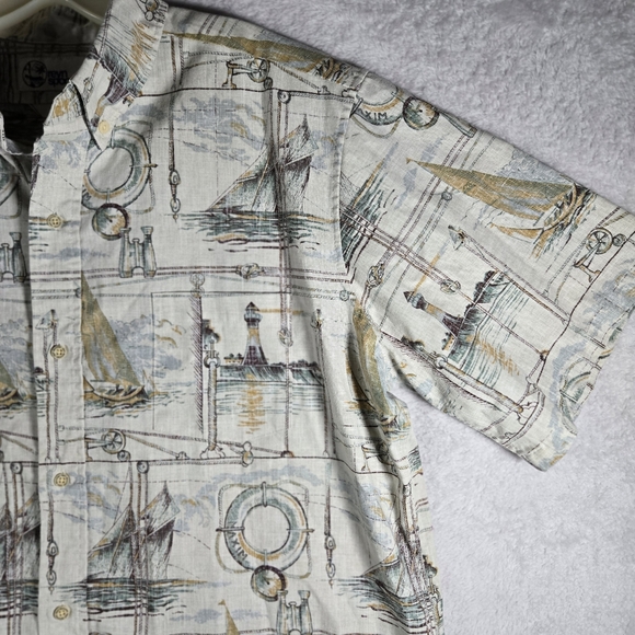 Reyn Spooner XL Beige Button Up Short Sleeve Hawaiian Shirt Ships Ports Angler - Picture 4 of 8